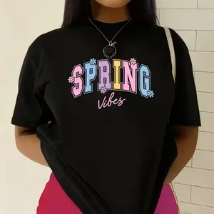 Macaron Color 'SPRING Vibes' Varsity Print T-shirt Spring Fresh Casual Top