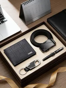 Men's Fashion Minimalist Business Casual Wallet Set, Durable Wallet, PU Leather Belt Keychain Pen, Perfect Gift for Boyfriend Husband Father, Minimalist Wallets