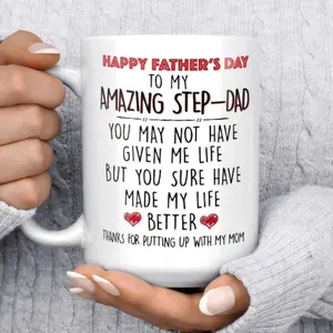 Happy Father’S Day Step Dad Mug, To My Amazing Step Dad Coffee Mug, Emotional Gift, Thank You For Putting Up With My Mom, Father’S Day Teacup