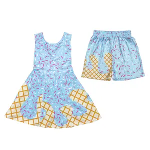 RTS New Baby Matching Clothes Blue Ice Cream Print Clothes Kids Girl Casual Dresses
