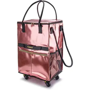 Reusable 5 Wheels Foldable Rolling Grocery Tote Bag with Handle and Zipper Cover, Heavy Duty Shopping Cart for Laundry Market Travel (Pink, Medium 67L)