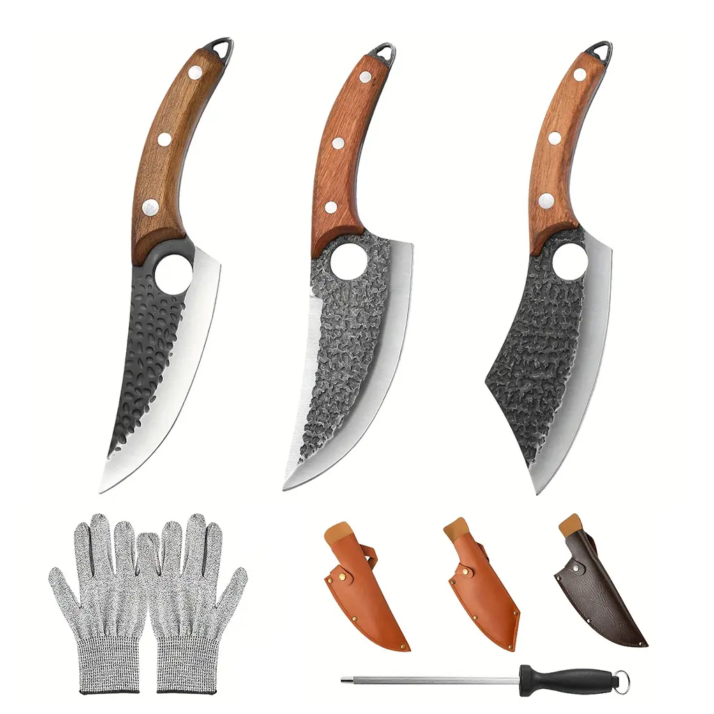 Meat Cleaver Butcher Knife Set of 5, Hand Forged Santoku Knife Cleaver Knife Paring Knife, High Carbon Steel Kitchen Boning Knife for Meat Cutting & Accessories Kitchen BBQ Gift for Men