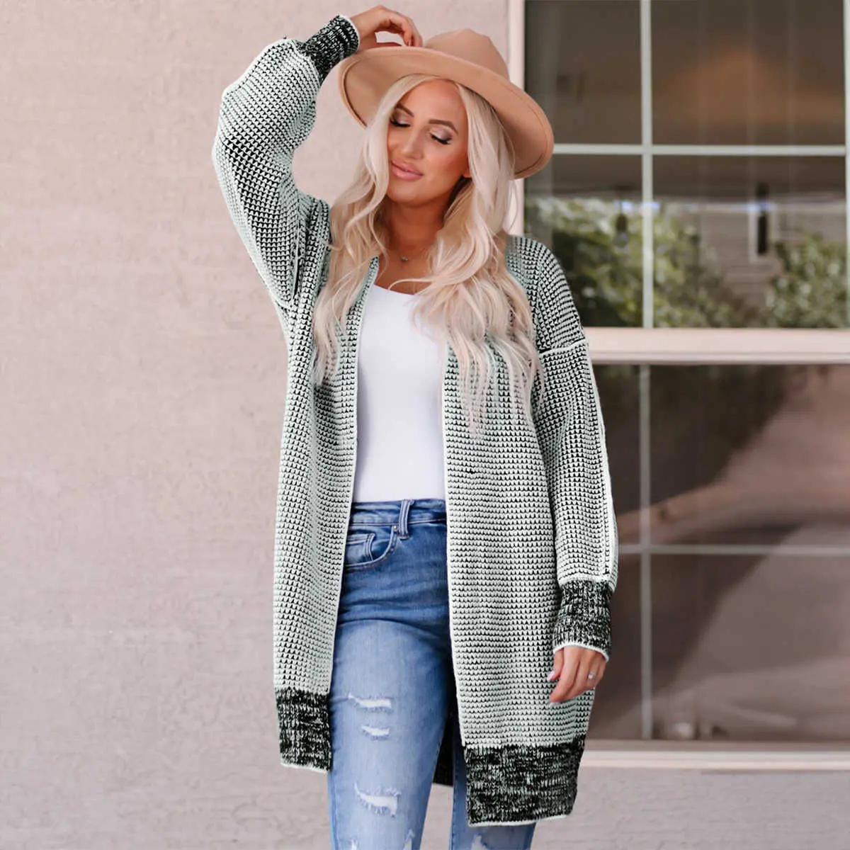 Gray Plaid Knitted Long Open Front Cardigan