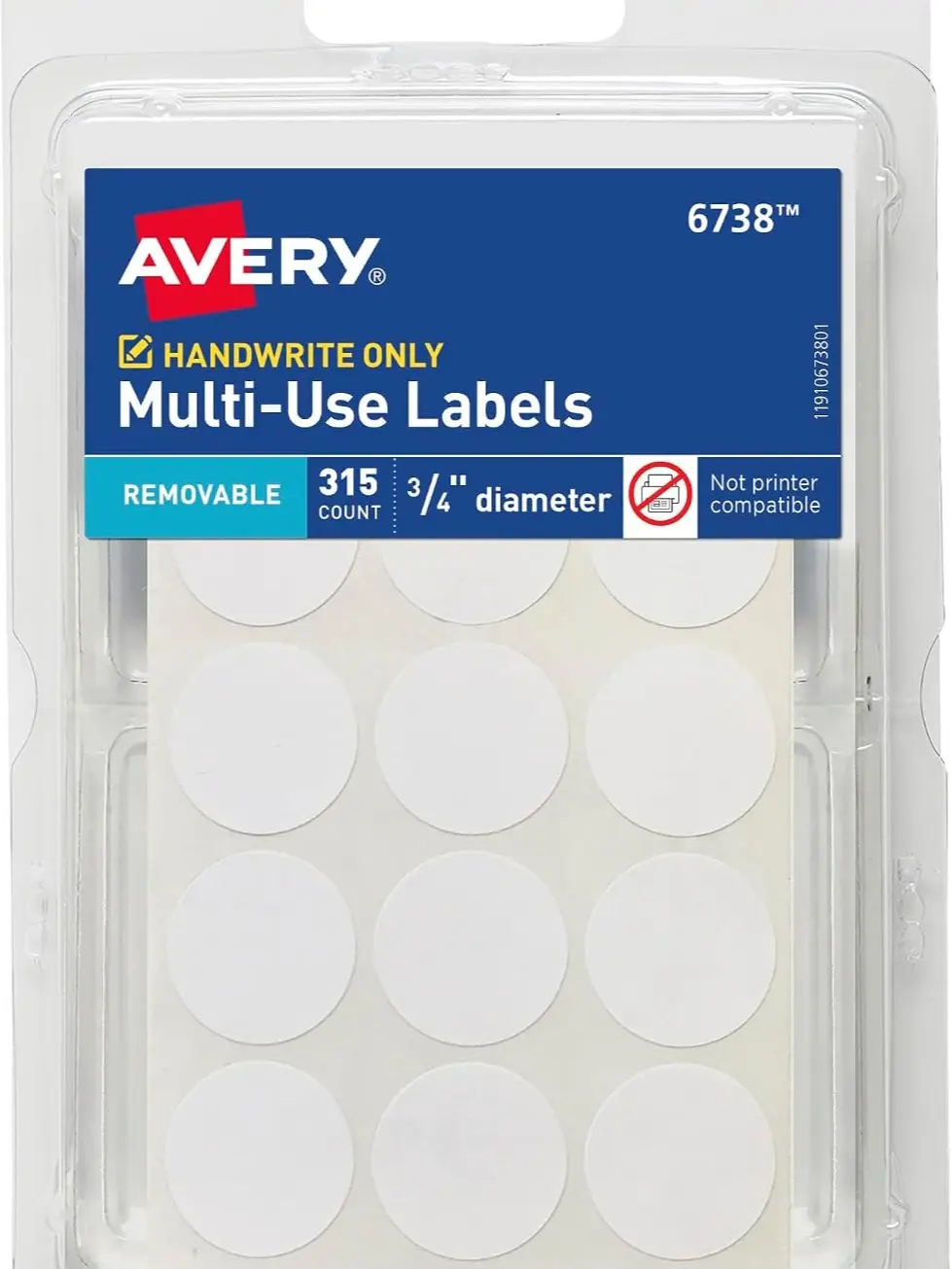 Avery Multi-Use Removable Labels, 3/4 Inch Round Stickers, White, Non-Printable, 315 Blank Labels Total (6738)