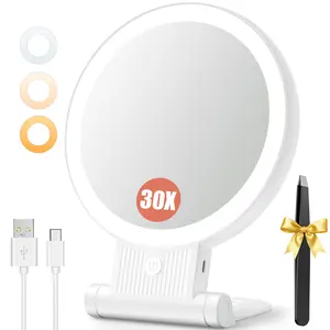 Auxmir Cosmetic Mirror with Lighting, 30X/1X Double-Sided Makeup Mirror with Light, Dimmable Table Mirror, 3 Colour Lights, Hand Mirror, 2000 mAh, Foldable Magnifying Mirror for Home, Travel