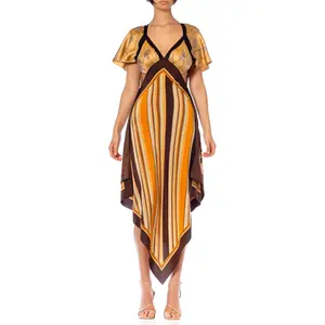 MORPHEW COLLECTION Brown, Orange & Cream Silk Stripe Butterfly 3-Scarf Dress Made From Vintage Scarf
