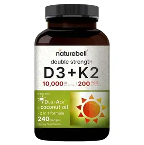 Vitamin Double Strength D3 + K2-240 Softgels - 10,000 IU Vitamin D & 200mcg K2 - Bone Strength, Immune Function & Calcium Absorption Support* - Coconut Oil Infused
