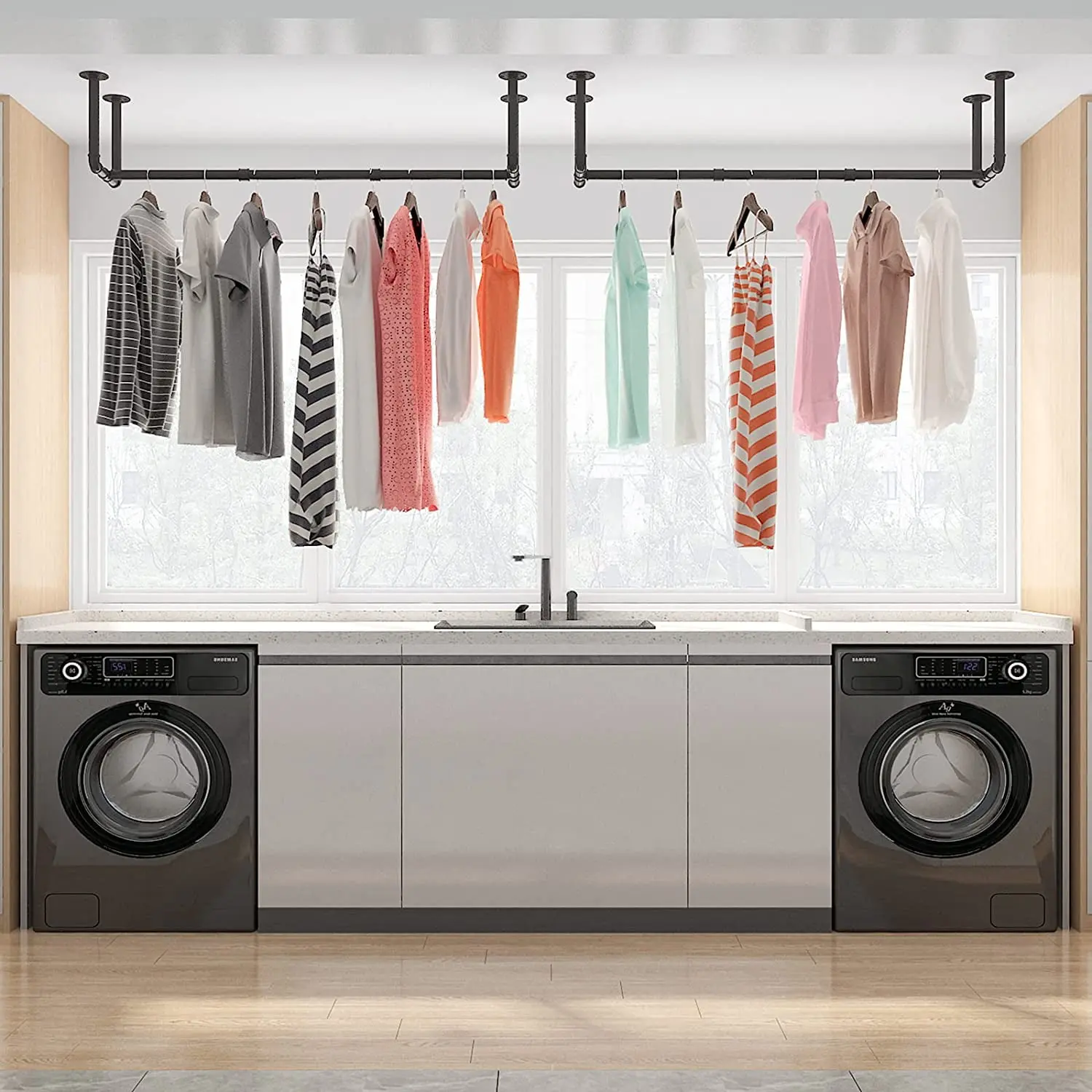 Black 40-in Heavy Duty Metal Wall-Mounted Clothing Rack - Hanging Industrial Pipe Hanger with Easy Installation, Space-Saving Organizer Shelf for Closet, Laundry Room