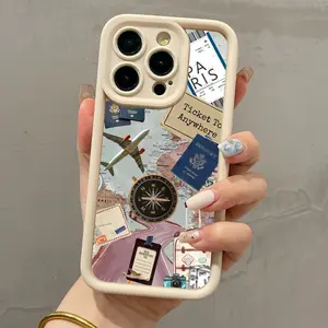 Vintage Stylish Phone Case Airplane Compass Map Collage Pattern Case for iPhone 17 16 15 14 Pro Max 13 12 11 XR XS Plus Shockproof Non Slip Military-Grade Protection Silicone Cover