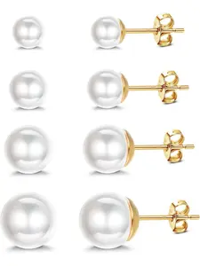 4 Pairs Pearl Earrings Round Ball Pearls Stud Earrings Hypoallergenic 5-10mm Mixed Sizes Freshwater Cultured Pearl Earrings Set for Girls Women