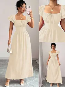 New Square Neck Layered Ruffle Sleeve Bow Front Tie Back Design Casual A Line Dress for Evening & Formal Occasions - Fabric, Shortsleeve