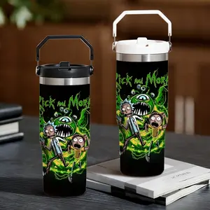 Anime R-Rick and M-Morty Vacuum Flasks 30oz Stainless Steel Thermos Flip Straw Tumbler with Handle | Leakproof Twist Lid | Double Wall Vacuum Insulated BPA-Free Reusable Cup for Gym, Work & Travel Drinkware