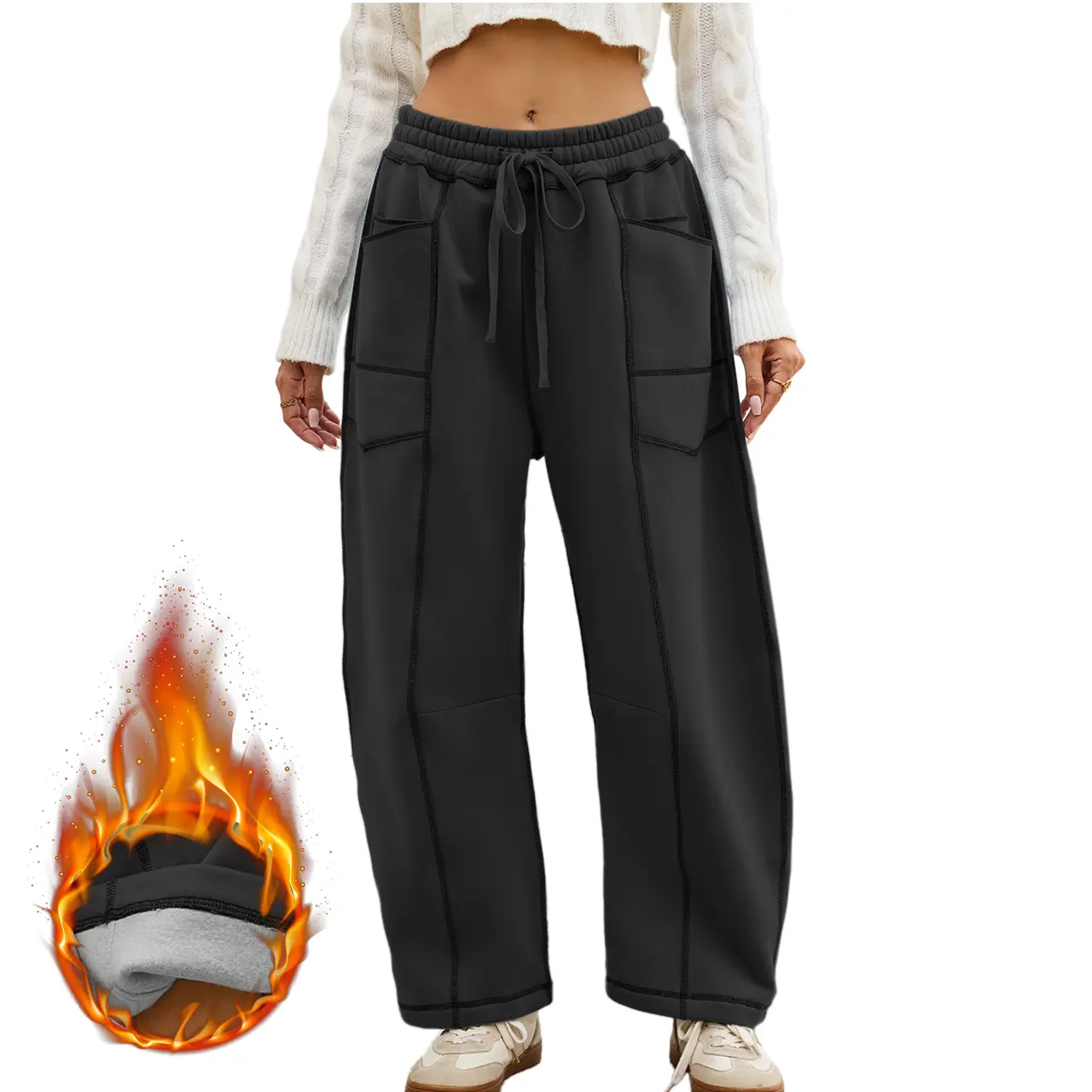MaLinfandor Women's Barrel-Leg Sweatpants, Fleece Lined Sporty Chic Lounge Pants with High Waisted Drawstring Fit, Wide Leg Sweatpants, Casual Athletic Pants, Barrel-Leg Pants, Relaxed Look