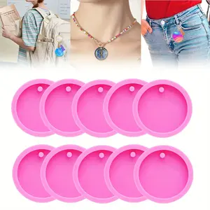 10 Pack Round Keychain Silicone Mold Flat Circle Resin Molds with Hole, Keychain Charms Epoxy Resin Molds Casting Mold for DIY Earrings, Keychain, Pet Tag, Jewelry Making, Crafts Making (2 inch)