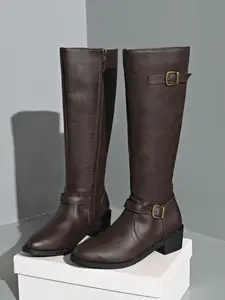New High-Top Knight Boots, Chunky Heel Leather Buckle Long Boots, Side Zip Slimming Women's Boots, Stylish and Comfortable, Western Boot, Western Inspired Boots