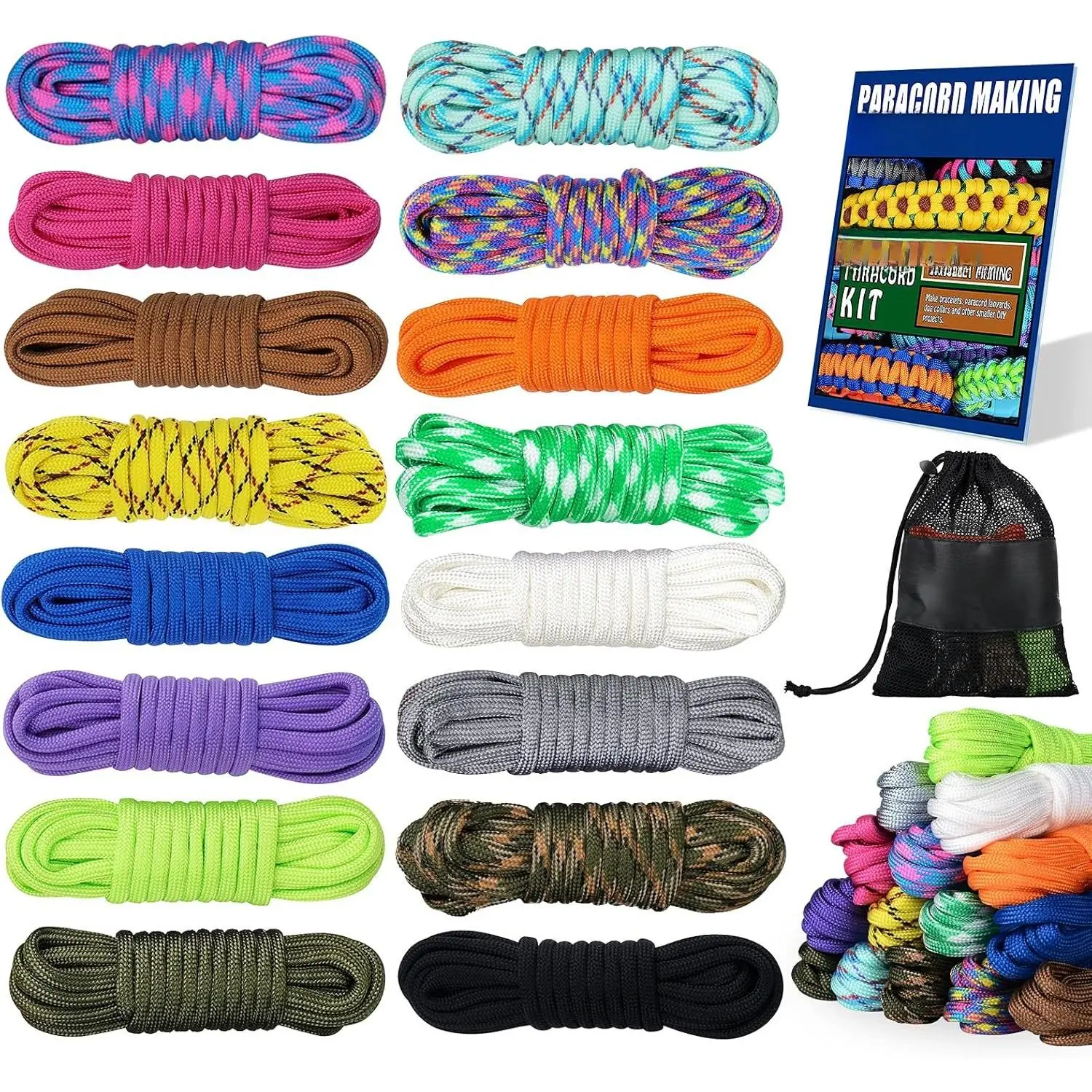 16 Colors Paracord Cord, 550 Paracord Bracelet Crafting Combo Kits with Instruction - Multifunction Paracord Ropes, 10  Each Parachute Cord for DIY Manual Braiding Supplies