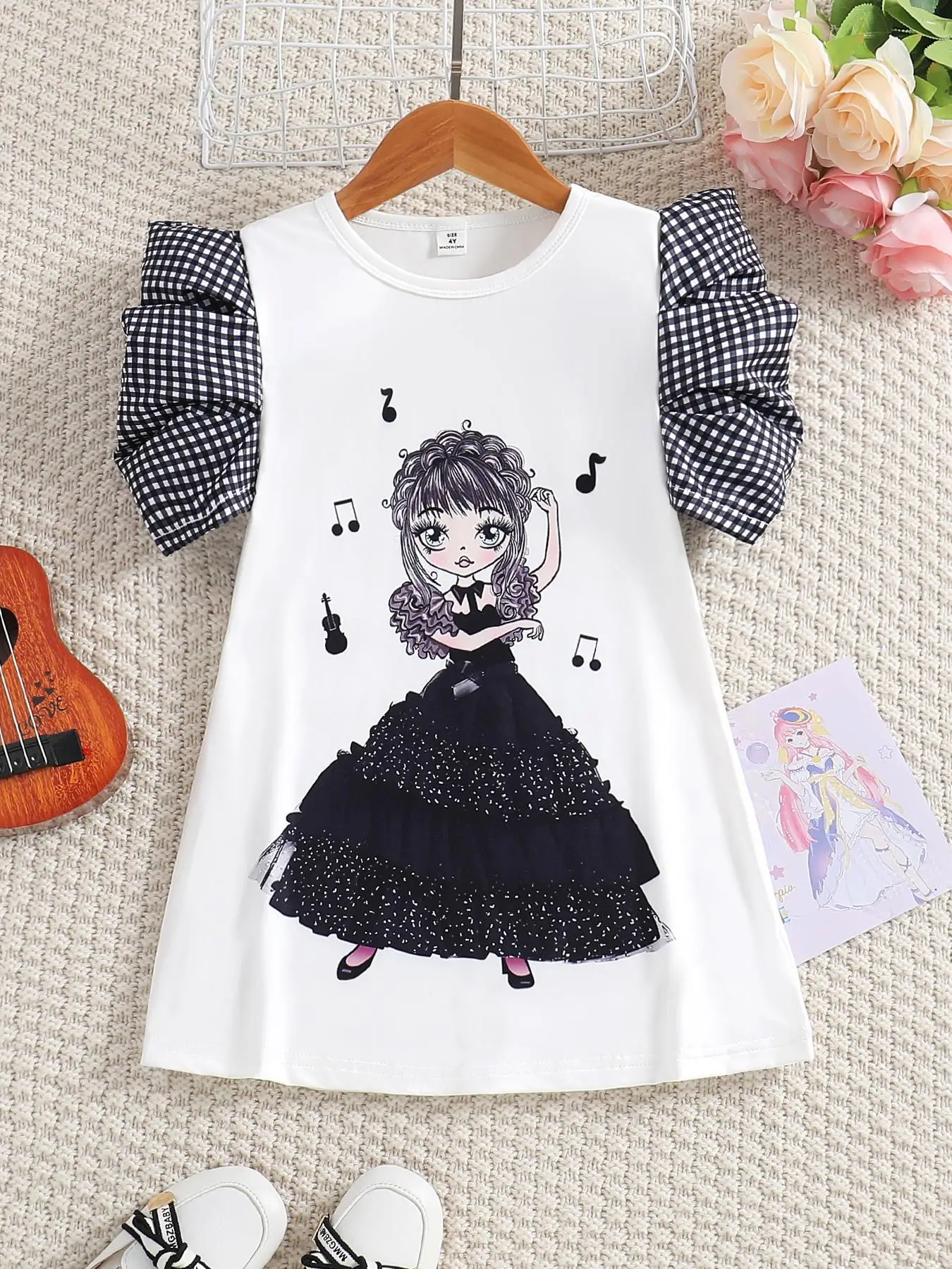 Toddler Girl's Cartoon Girl Print Puff Sleeve Tunic Dress, Casual Round Neck Short Sleeve Dress for Summer, Kids Clothes for Daily Wear