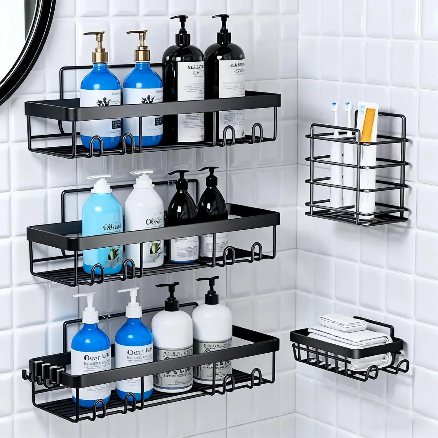 5 Pack Shower Caddy for Inside Shower, Bathroom Decor Set, Large Rustproof Stainless Steel Organizer with Strong Adhesive, No Drilling Wall Shelves ,Rustproof Bathroom Shelves