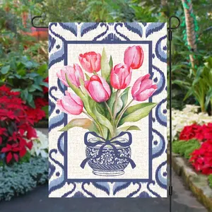 Chinoiserie Tulips Garden Flag, Blue & White Linen Welcome Flag with Vibrant Tulips & Green Foliage, 12x18 Inch, Double-Sided, Perfect for Easter, Summer, and Holiday Outdoor Home Decor (Flagpole Not Included), Garden Decorations
