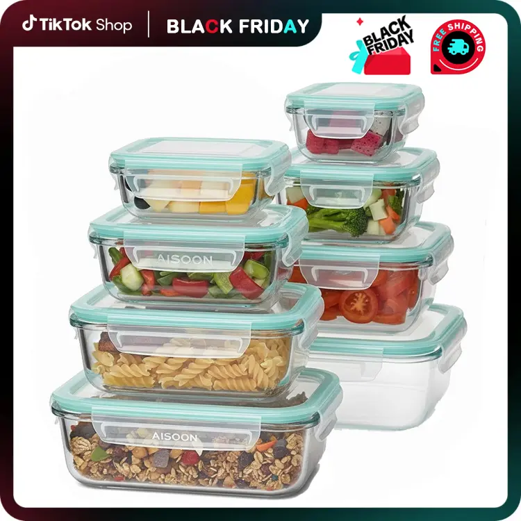 [Free Gift] 8 Pack Glass Food Storage Containers (8 Containers+1 Utensil) Stackable Airtight BPA Free Oven/Microwave/Freezer/Dishwasher Safe