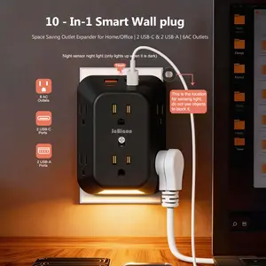 10-in-1  USB Wall Outlet with 3 Modes Night Light,6 Wide AC Outlets & 4 USB Ports , 4 Sided 1050J Surge Protector Power Strip for Home Office Dorm Essentials