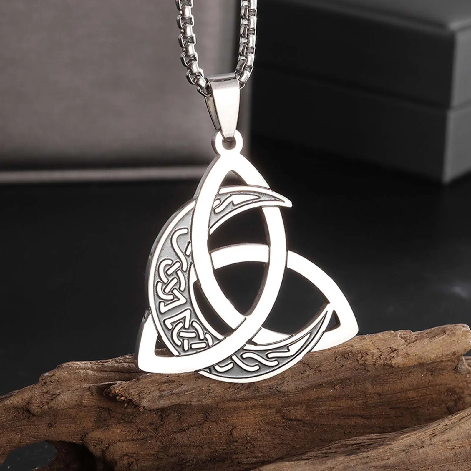 Stainless Steel Viking Triangle Moon Necklace Celtic Jewelry Gift for Men and Women