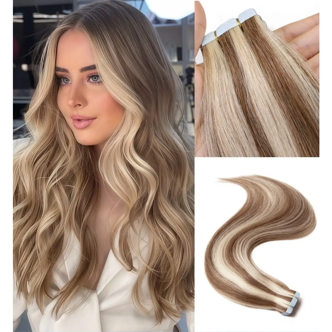 Mini Tape in Human Hair Extensions Real Straight Remy Invisible Silky Ash Blonde Balayage 10pcs Fade-resistant for Festive Occasions