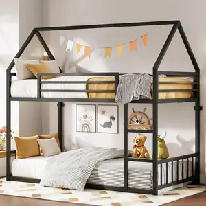 LIKIMIO Bunk Bed Twin XL Over Twin XL, Metal Bunk Bed Frame with Ladder and Guardrail, House Shaped with Metal Slats for Dormitory and Bedroom, Space Saving, No Box Spring Needed LIKIMIO Bunk Bed Twin XL Over Twin XL, Metal Bunk Bed Frame with Ladder and Guardrail, House Shaped with Metal Slats for Dormitory and Bedroom, Space Saving, No Box Spring Needed