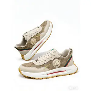 Men's Khaki Luxury-Inspired Chunky Sneakers, Gold Emblem Accents, Retro Monogram Design, Thick Cushioned Sole, Streetwear Casual Shoes for American Trendsetters