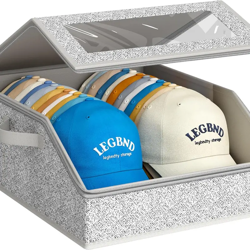 Sturdy Hat Storage for Baseball Caps, Holds up to 24 Caps Clear Hat Organizer for Closet, Bedroom, Wide Hat Box with Cardboard (Grey)
