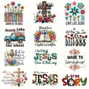 12 Pcs Small Size Theme Vinyl Iron on Transfer Patches Polyester Heat Transfer Stickers with Text Perfect for T Shirts Jackets Hoodies Various Color Faith Cross Stickers for Clothing Projects, Handmade Gifts