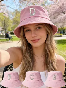 Cute Pink Bucket Hat for Women, Decorated with Optional Rhinestone  Pearl Letters, UV Protection Sun Hat for Summer Outdoor, Fashionable Basin Cap Versatile for Daily Outings