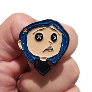 Coraline Enamel Pin - Character Design with Blue Hair and Black Outfit, Simple and Cute Design
