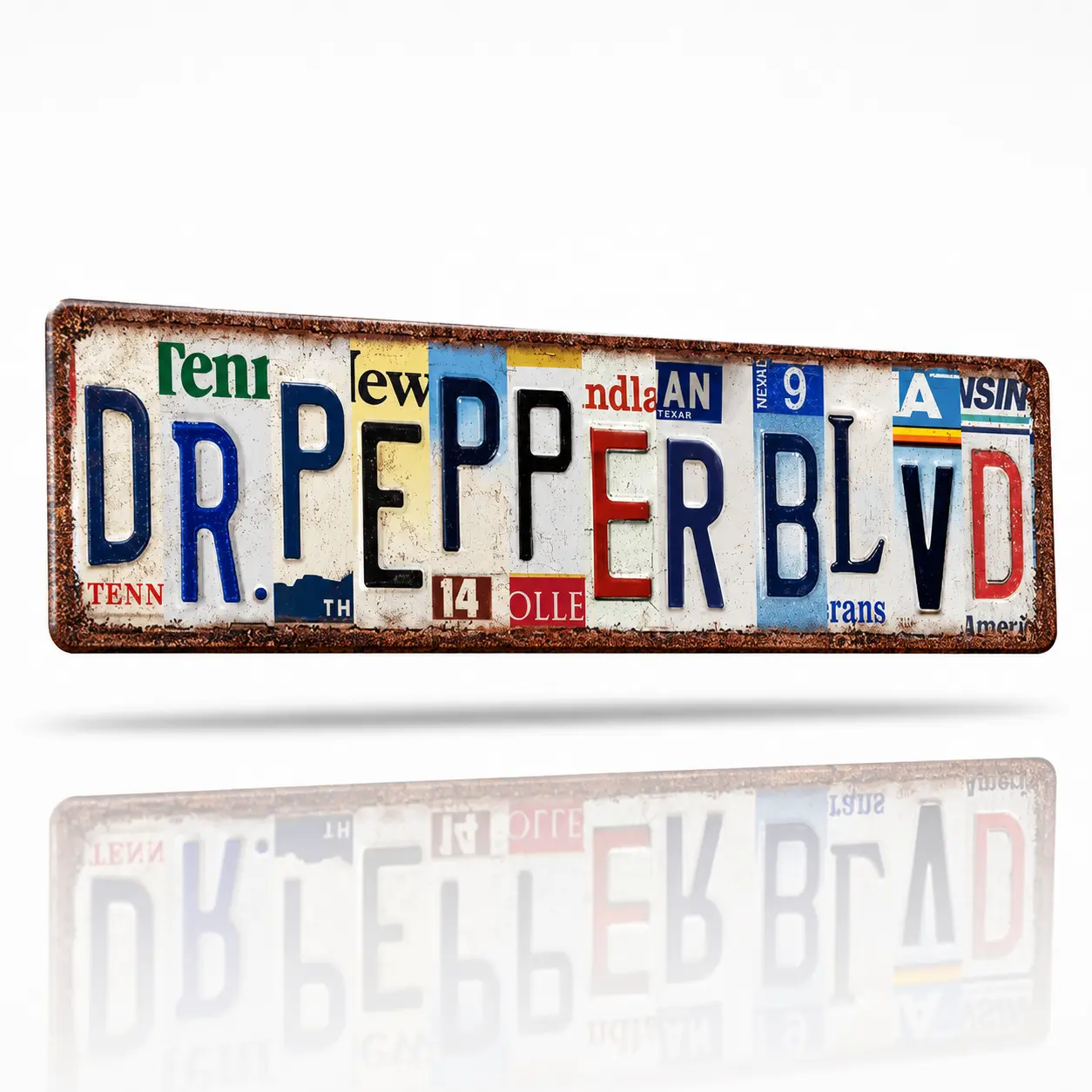 Dr Pepper Blvd Tin Sign License Plate Collage, 4x16 in Vintage Metal Home Decor Plaque, Funny Father's Day Gift for Dad, Retro Soda Pop Art Accent bar