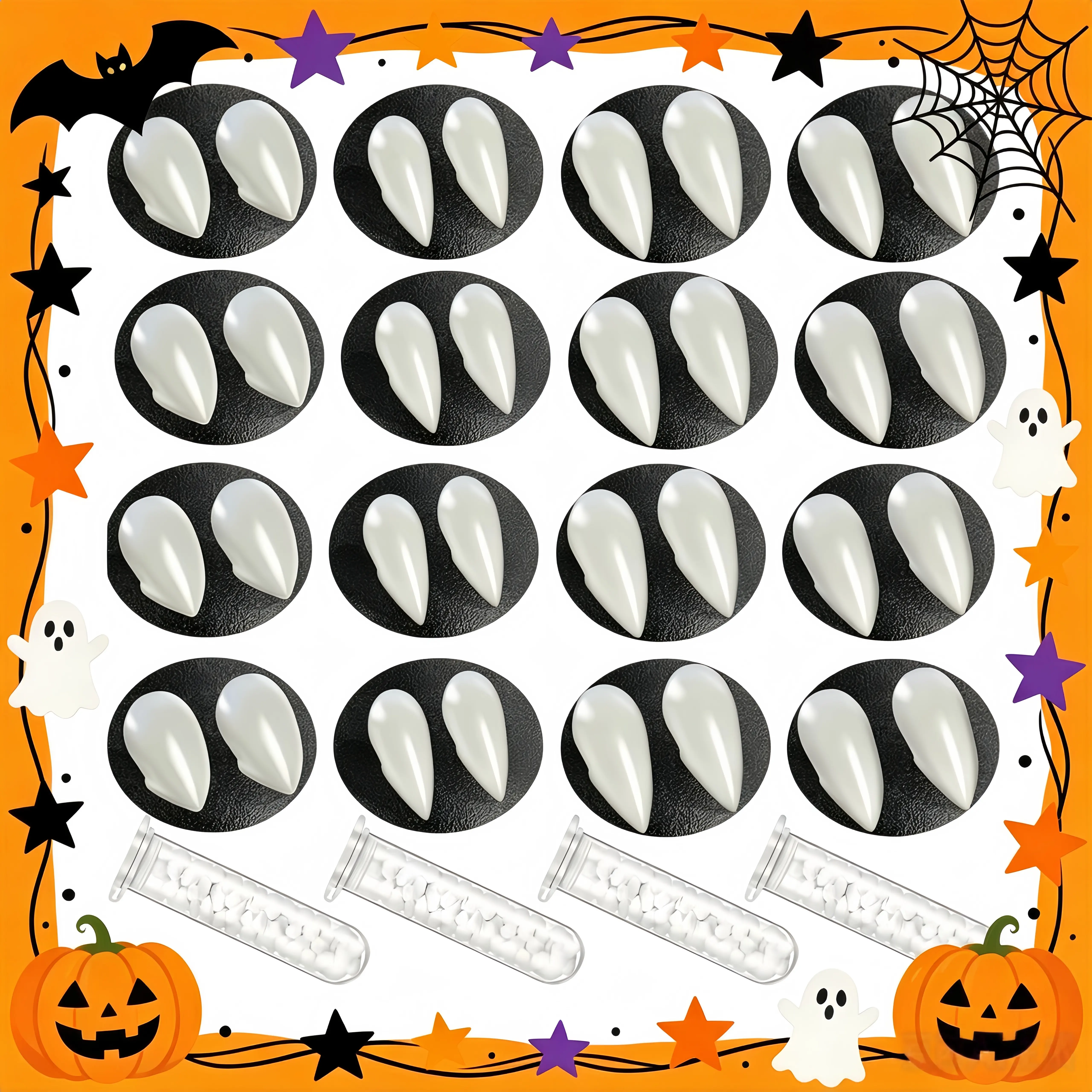 4 Sizes Vampire Fangs Halloween Fake Teeth, Reusable Cosplay Fangs with Adhesive, Halloween Party Cosplay Prop