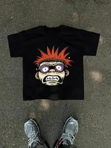 FEEGO Men's Daily Casual Cartoon Print Round Neck Tee good graphic tees Cotton Menswear