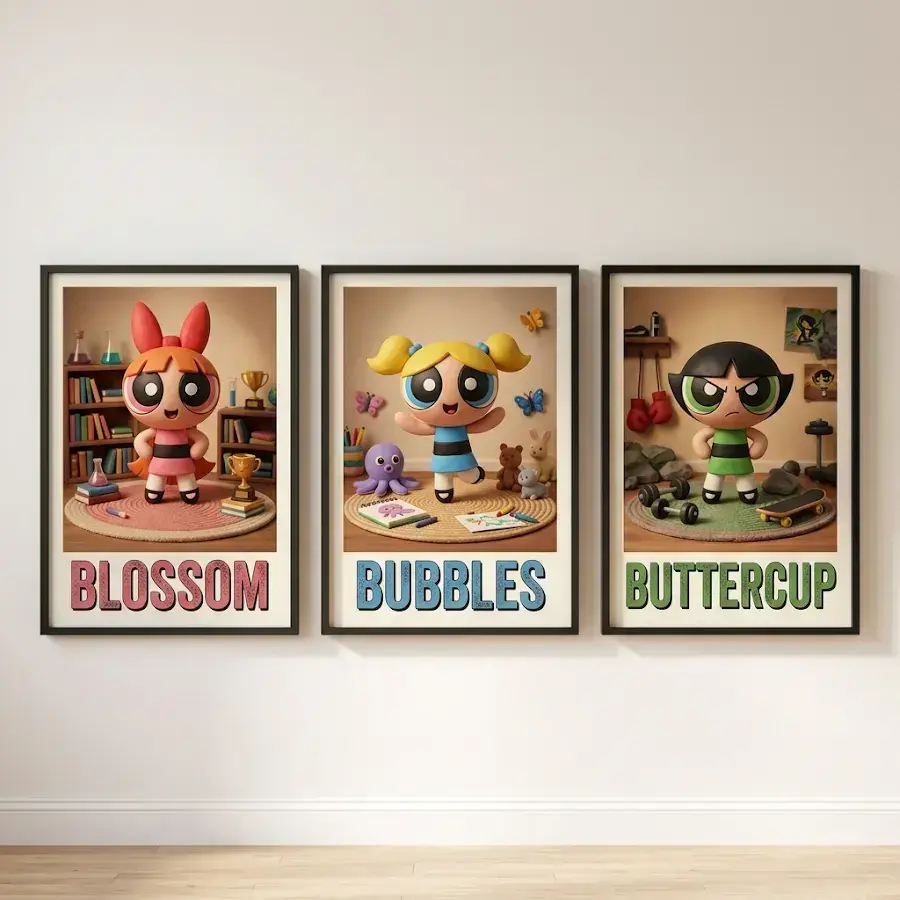 Powerpuff Girls Blossom Bubbles Buttercup 3 Piece Set, Cute Y2K Nostalgia Wall Decor, 90s Girl Power Cartoon Poster Prints