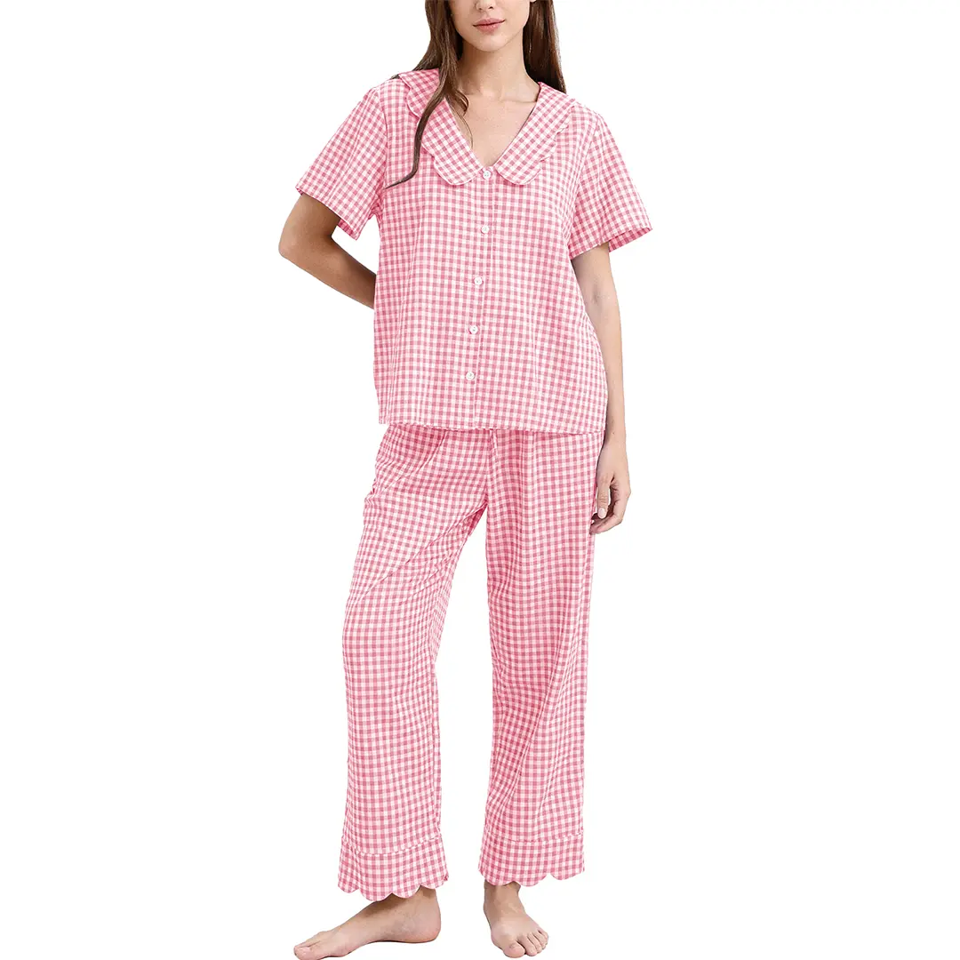 Women's Cute Gingham Pajama Set, 2 Piece 100% Cotton Nightwear, Shortsleeve V-Neck Babydoll Top and Ruffle Shorts with Lace Trim, Lady, Casual, Pyjamas, Pj Sets For Women, Plaid Lounge Bottoms, Checkered Print, Relaxed Fit, Ruffle Detail