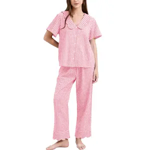 Womens Gingham Pajama Set, 2 Piece Cotton Ruffle Loungewear, Cute Plaid Shortsleeve Pyjamas, Cozy Vneck Homewear, Matching Pjs Babydoll Sleepwear