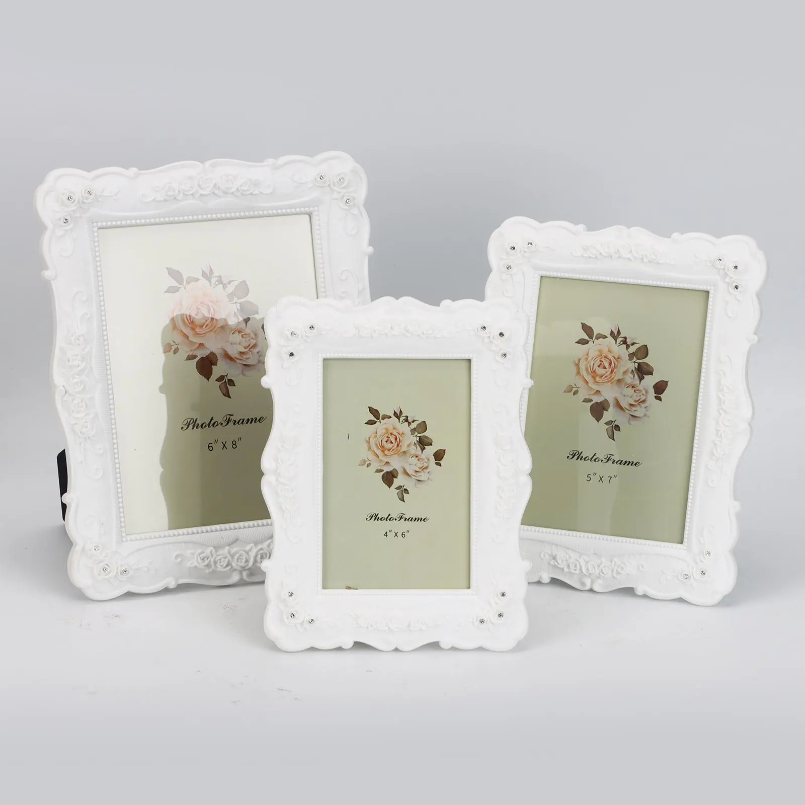 Rose Flower Design Picture Frame Vintage Photo Frame 6-inch + 7-inch + 8-inchAntique Picture Frame Glass for Tabletop Wall Display, Horizontal and Vertical Use (White)