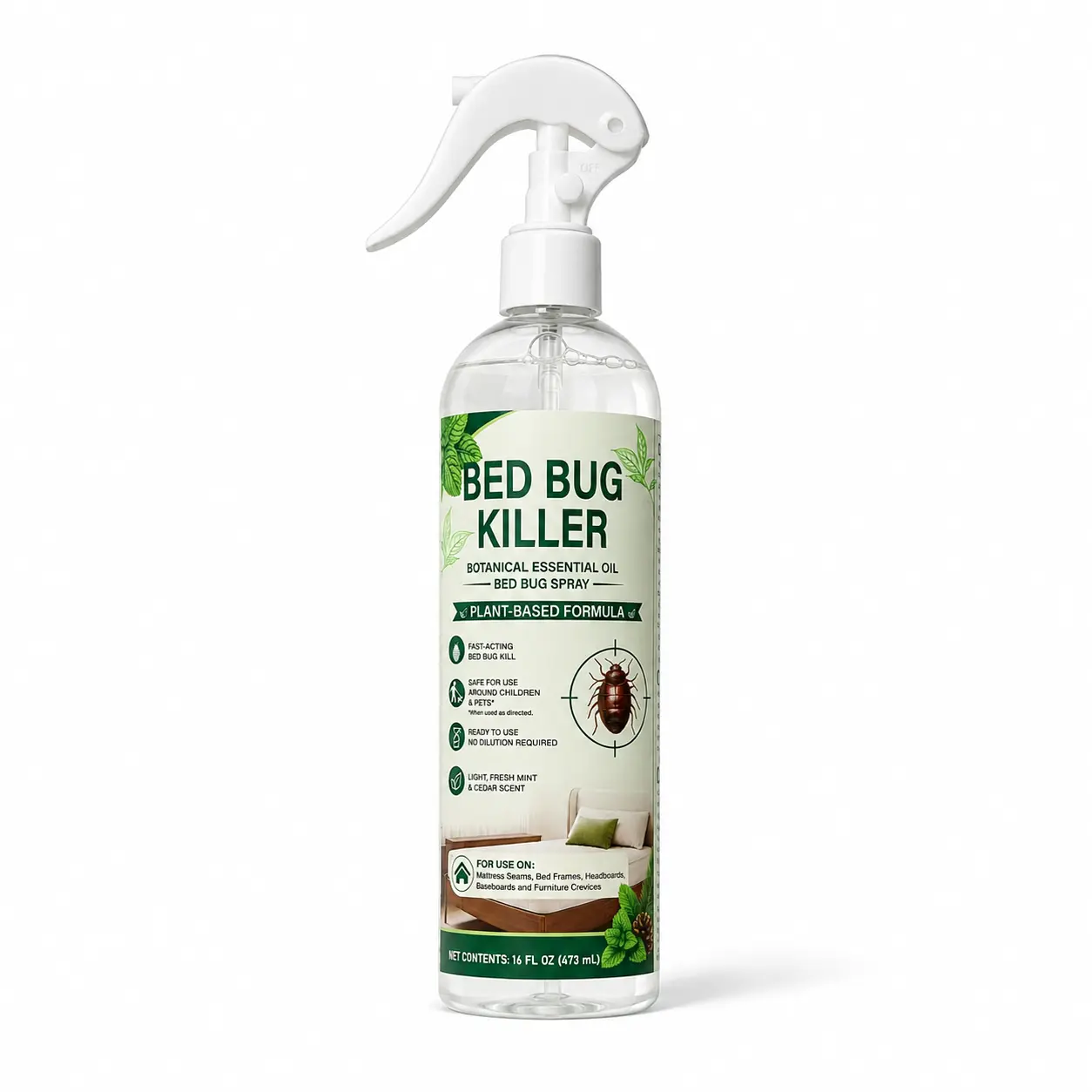 Bed Bug Killer Botanical Essential Oil Spray 16 Fl Oz Plant-Based Formula Safe for Kids & Pets Fresh Mint Scent