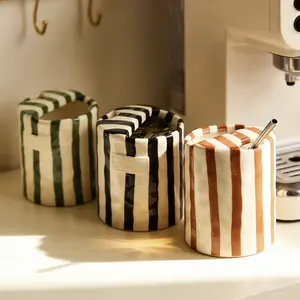 Colorful Striped Ceramic Coffee Cup Hand-Held Design for Home Office Use Hand-Pressed Texture Stylish Drinking Cup
