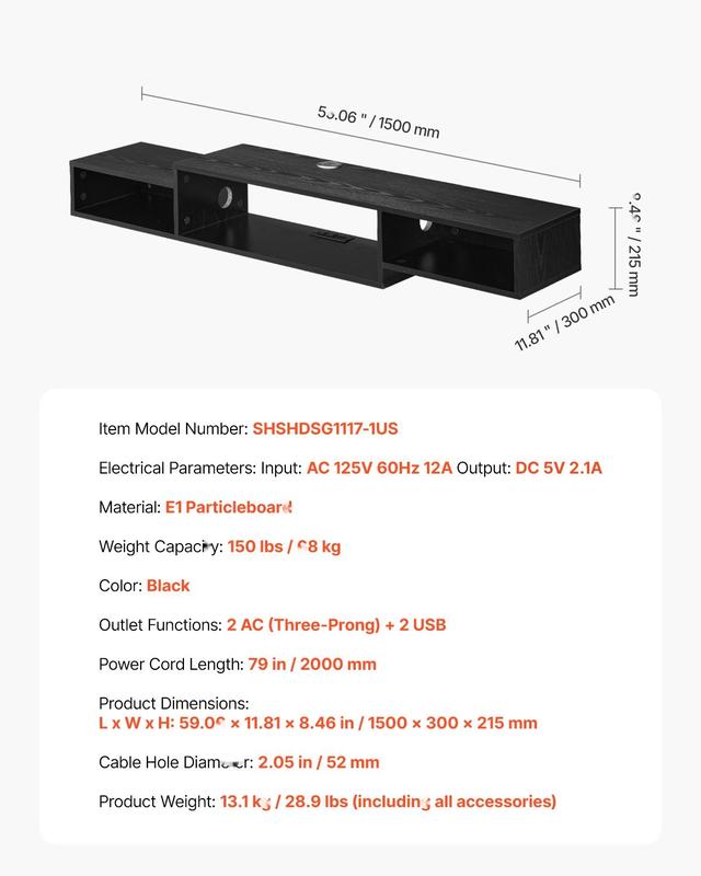 Floating TV Stand And 59-Inch Wall Mount Entertainment Center With Power Outlet And Cable Hole, Modern Floating TV Shelf With Built-In Storage Cabinet For DVD Player, Cable Box, Game Console, AV Equipment, Black