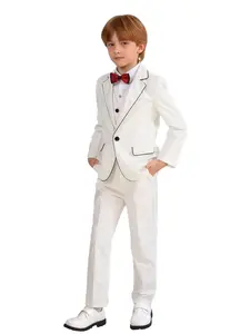 Boys Elegant White 4-Piece Suit Set Blazer + Vest + Trousers + Bow Tie Contrast Black Piping Single Button Tailoring Paired With Red Bow Tie Perfect for Page Boys Grad Photos Stage Performances No Shirt Included--24111