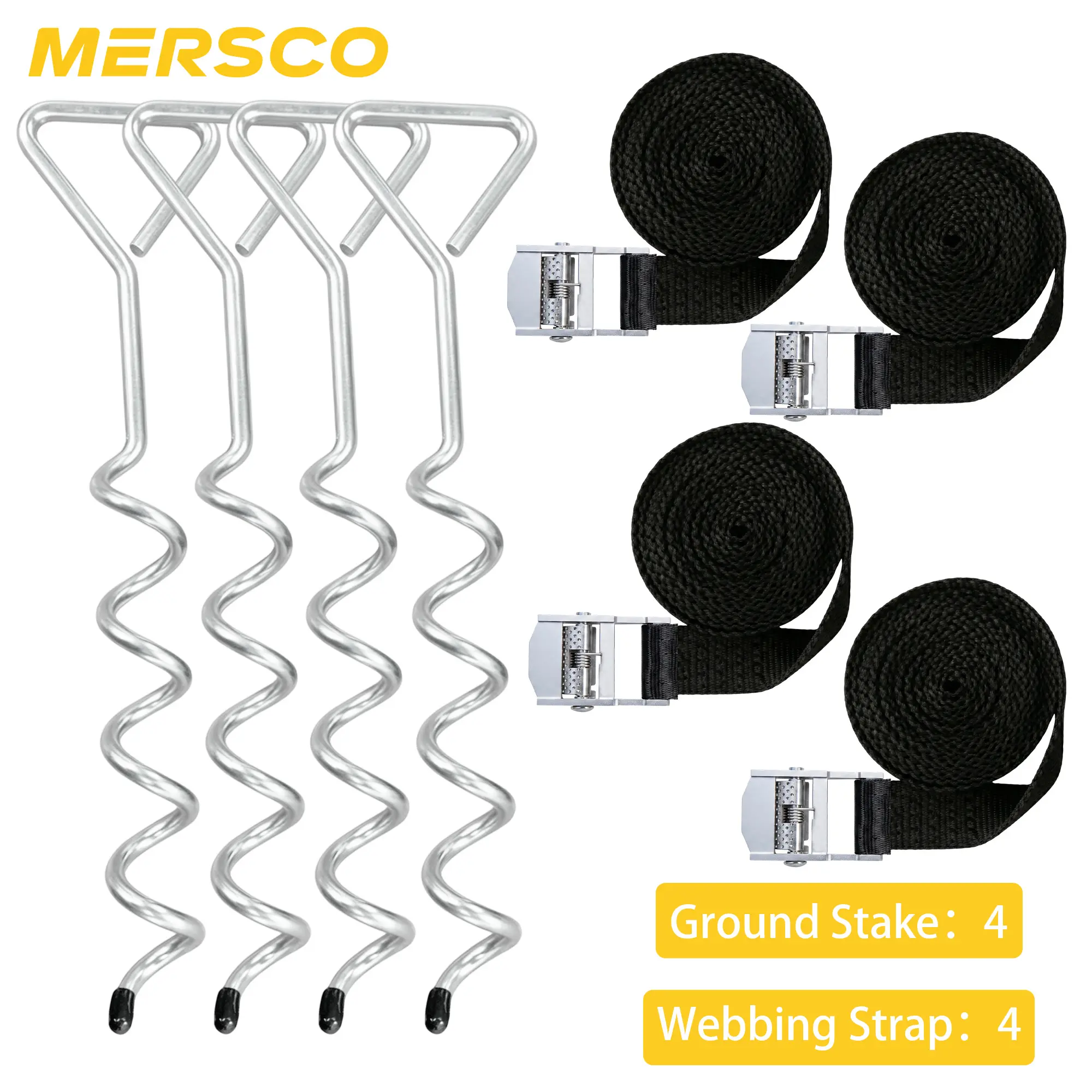 MERSCO 4-Pack Heavy Duty Galvanized Steel Spiral Trampoline Stakes Anchor Kit, Universal Size with T-Hook, Reinforced Safety Straps, Fits Most Frames for Trampolines, Tents, Heavy Duty Kit, Enhanced Stability, Windproof, Easy Installation, Fits Frames