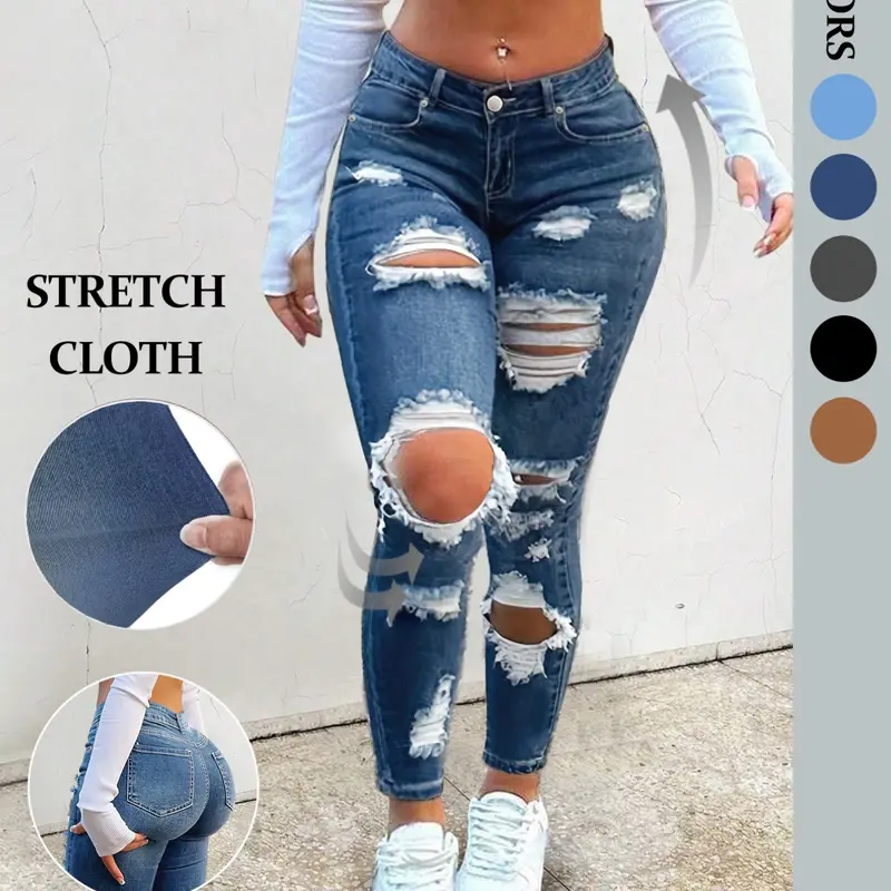 NVFelix Women's Skinny Ripped Trendy Aesthetic Fit Dark Wash Distressed Jeans Stretchy Denim Pants Streetwear