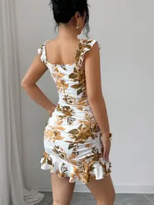 Women's Vintage Print Ruffled Hem Bodycon A-Line Dress, Feminine Elegant Sexy French Waist Cocktail Summer Dress, Chic Evening Gown