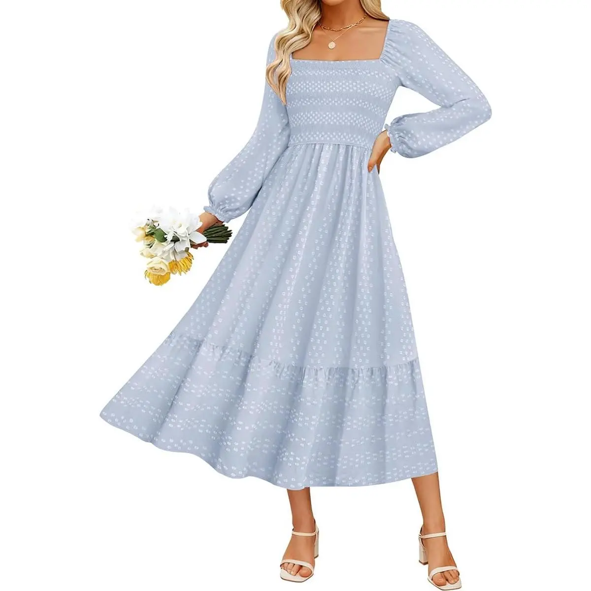 Women's Shirred Polka Dot Longsleeve Plus Size Maxi Dress with Pockets, 5X Large Plus Fall-Winter Party Attire, Wedding Guest Dress (XL-5XL)