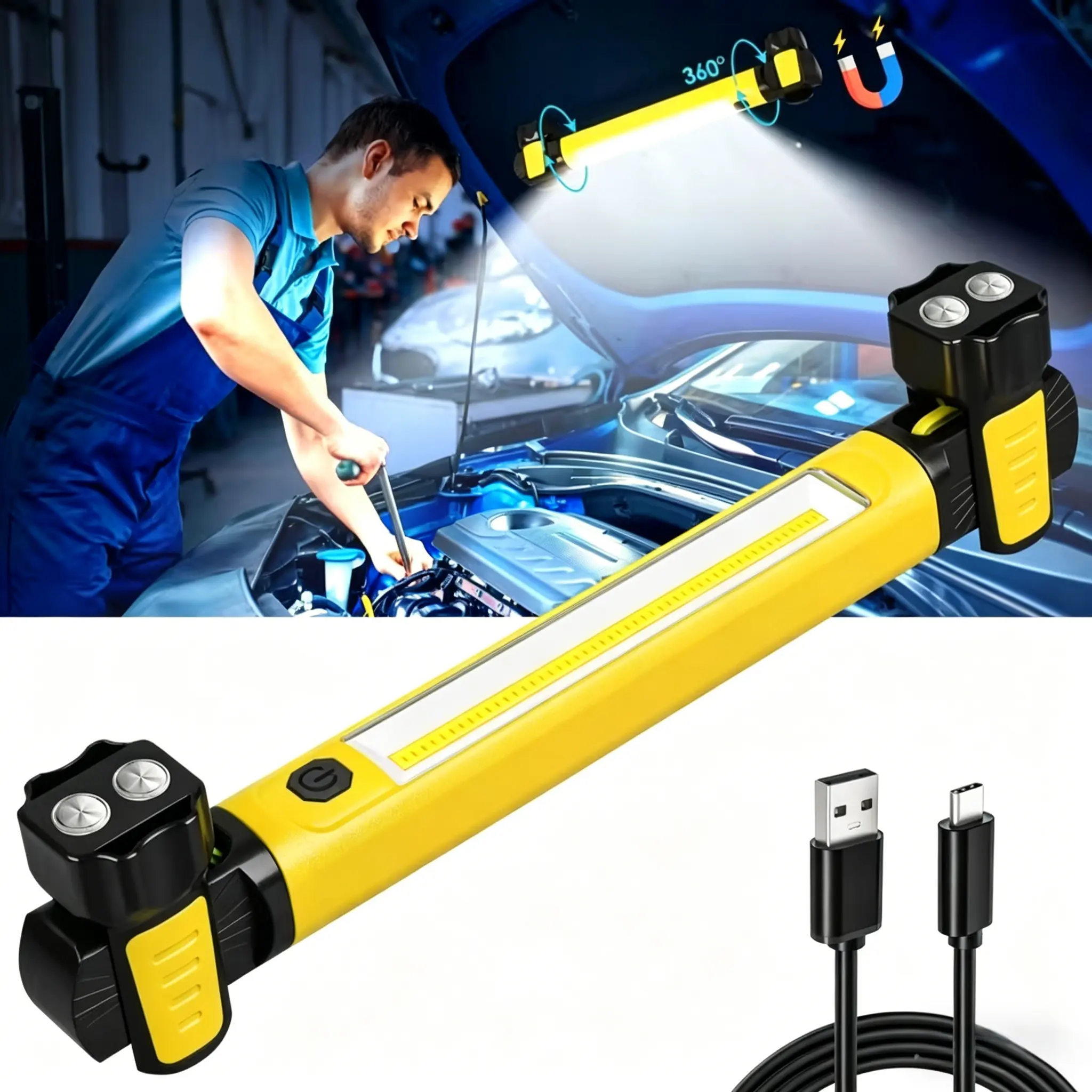 Rechargeable LED Work Light,Under Hood Work Light, 3000LM Magnetic LED Light Bar with Hooks, Hands-Free Super Bright Cordless Rechargeable Light, for Mechanic Car Repair Garage