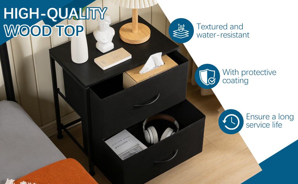 Minimalist Fabric Nightstand with 2 Drawers - Rectangular House Furniture, Small Metal-Frame Bedside Table with Wooden Top, Dresser End Table for Bedroom Small Spaces Black